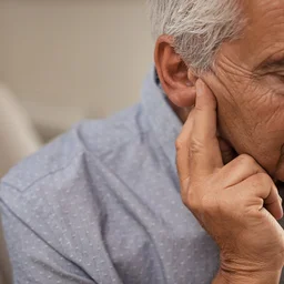 Side view of senior man with symptom of hearing loss. Mature man sitting on couch with fingers near ear suffering pain.